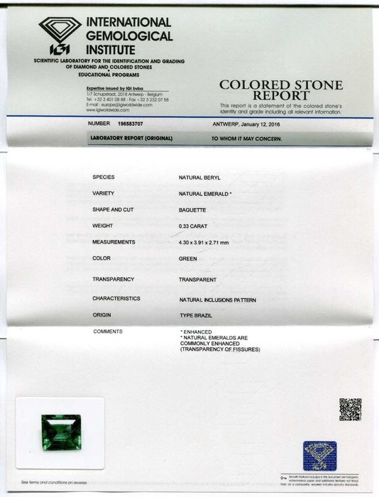 Esmeralda do Zámbia 0.33 Kilates Pedra Precisoa certificado pelo IGI