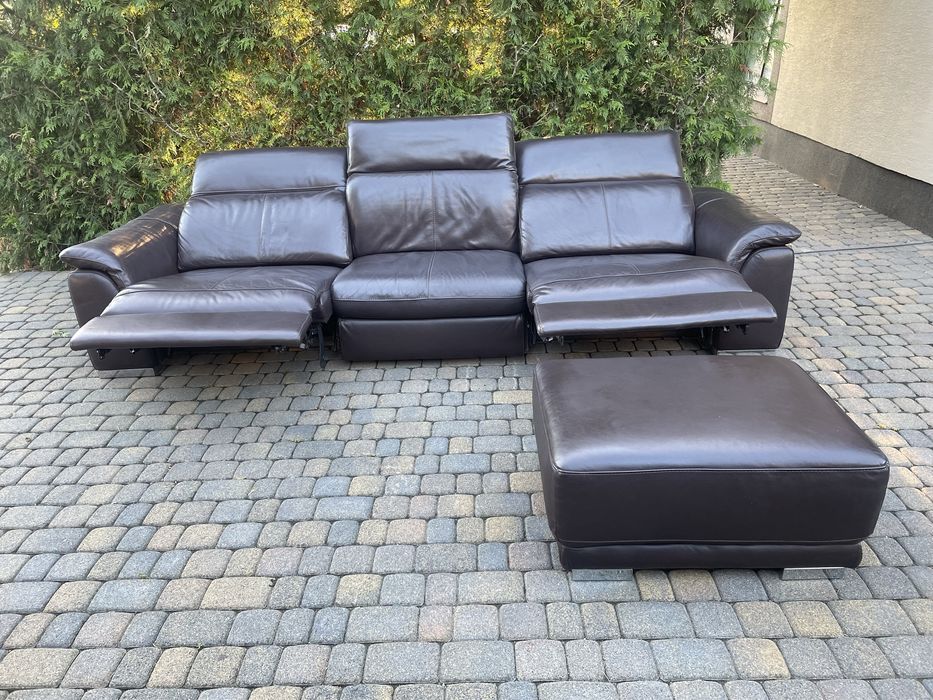 Zestaw wypoczynkowy skórzany rozkladana elektrycznie sofa relax 3m puf
