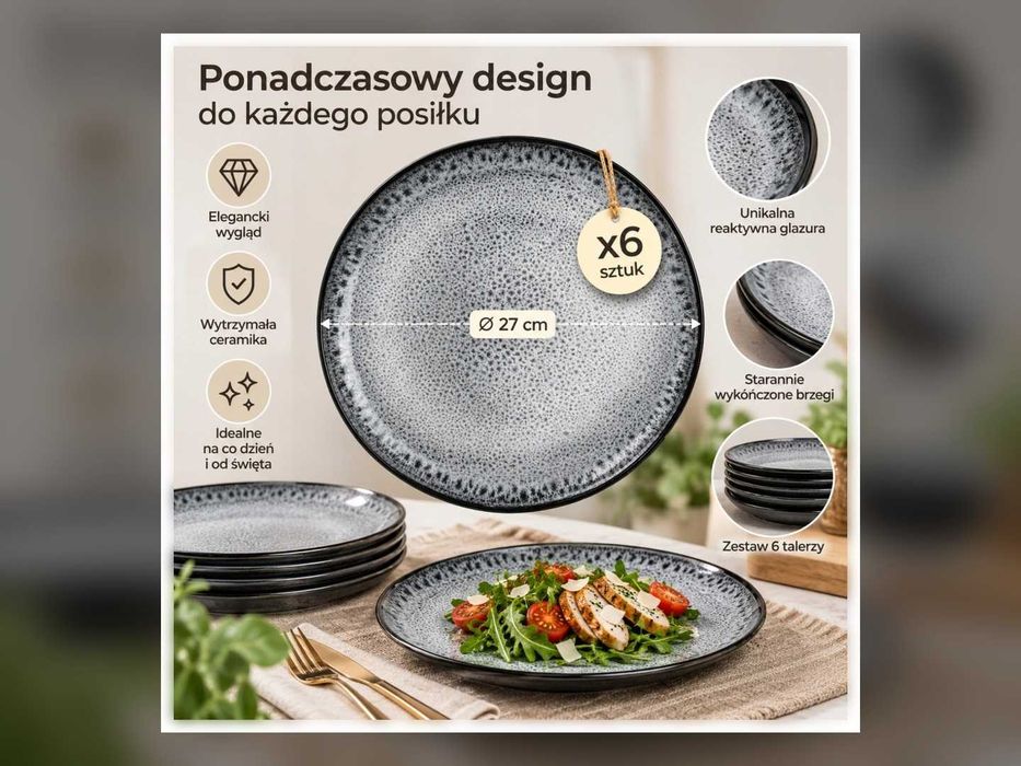 Zastawa Stołowa Talerze Obiadowe Duże 6 Szt Kamionka Perła Do Zmywarki Komplet Talerzy Rant