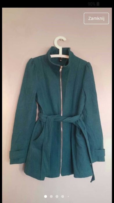 Turkusowy płaszcz jesienny z paskiem H&M 36 38