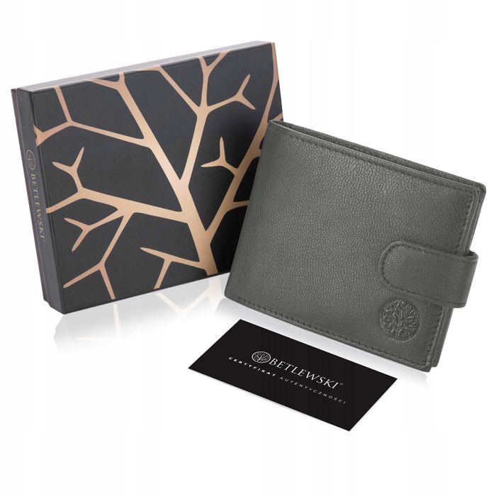BETLEWSKI Portfel Męski Skórzany Na Prezent Szary RFID Pudełko Logo