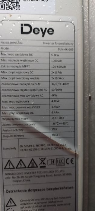 Inwerter Deye sun -4k -g05 z wifi do panele fotowoltaiczne