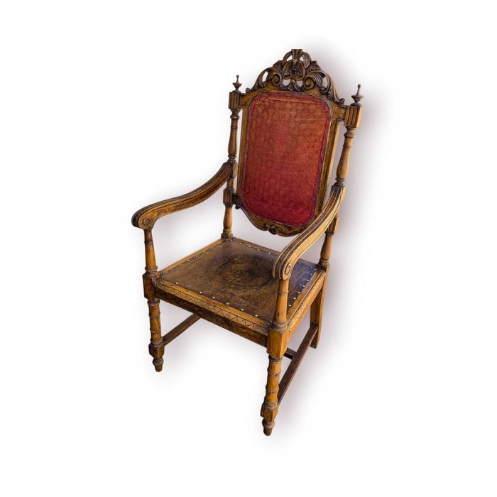 Cadeirão Antigo Braço Madeira Talhada com Assento Decorado