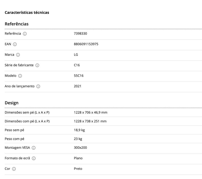 TV LG OLED55C16LA (OLED - 55'' - 140 cm - 4K Ultra HD - Smart TV)