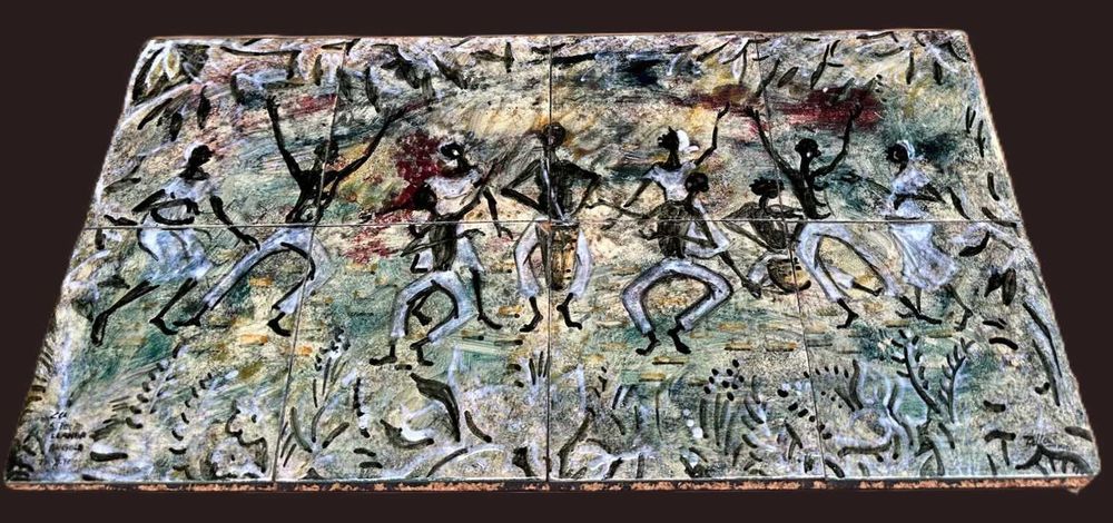 Painel antigo 8 azulejos representando dança africana