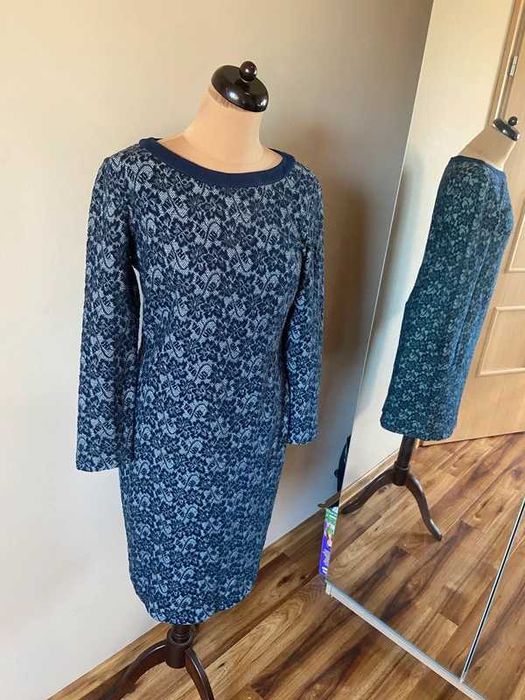 L xl 42 wzory taranko sukienka midi oversize trapez granat tekstura