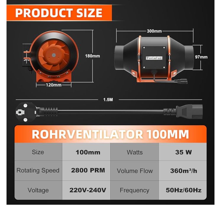 Wentylator kanałowy wyciągowy 100mm 360m3/h