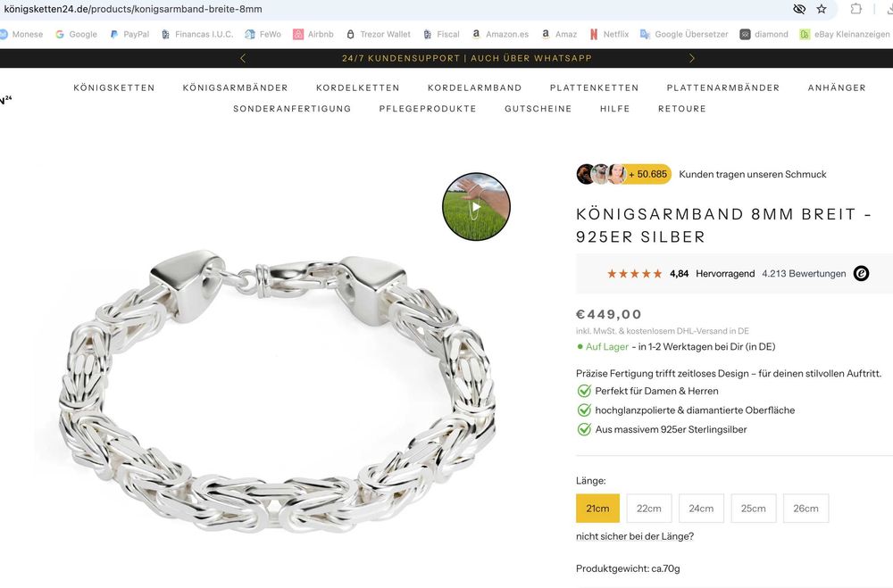 Pulseira King's Chain para homem | Prata de lei 925 Sterling Silver