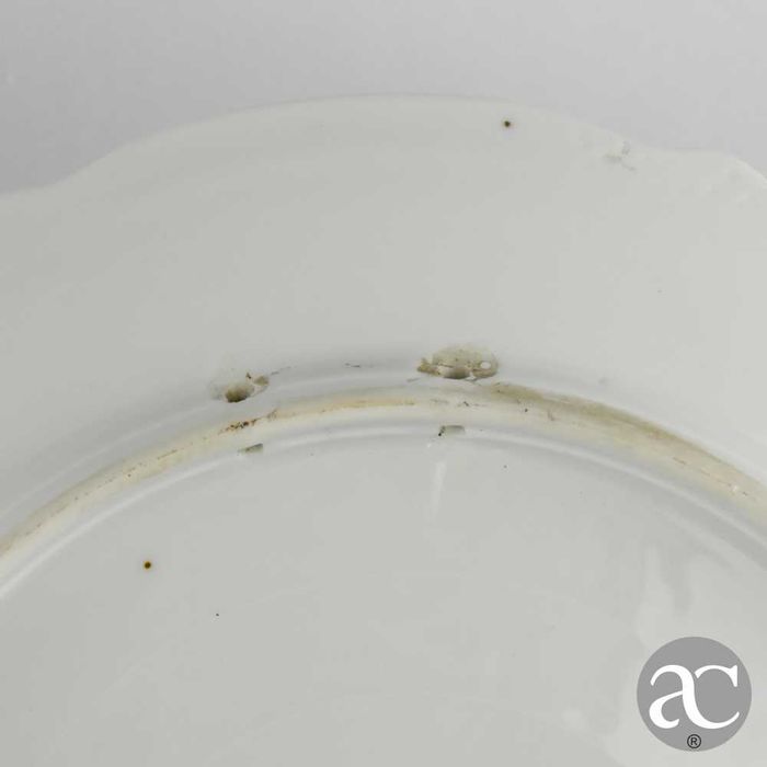 Par de pratos porcelana Europeia, decorados com lago, flores e cisnes