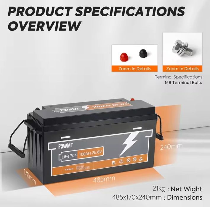 Акумулятор Lifepo4 PowMr 24V 100Ah, BMS. В наявності. Нова АКБ 25.6В