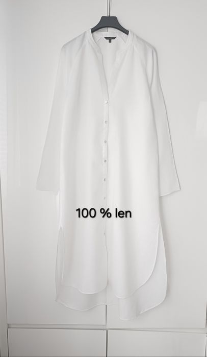 Massimo Dutti 100% len lniana sukienka midi biała koszulowa letnia plażowa