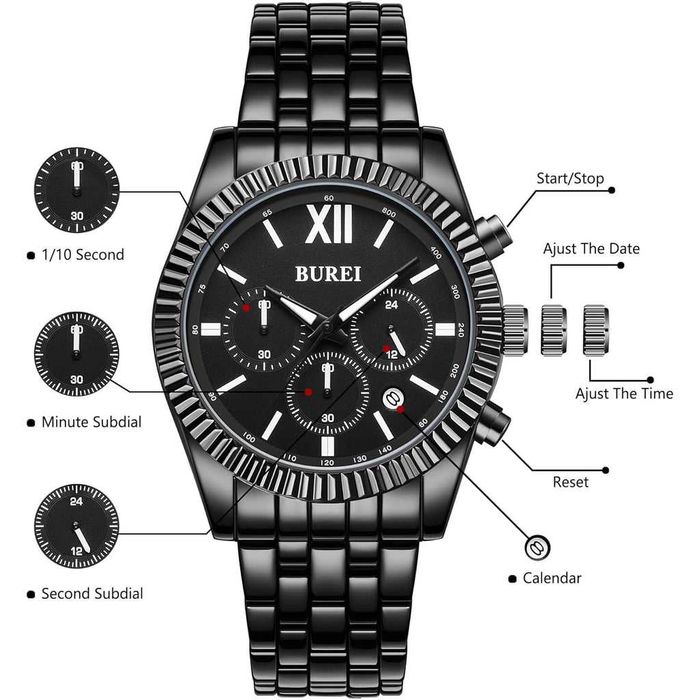 Męski Zegarek BUREI | Elegancki | Chronograf | Kompletny Zestaw