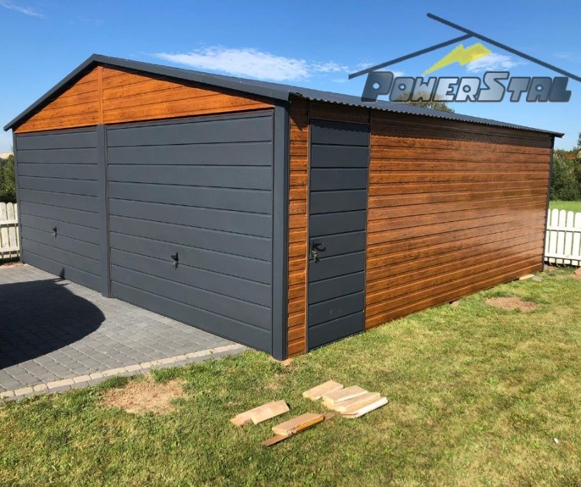 Garaż blaszany piękna imitacja drewna z wiatą