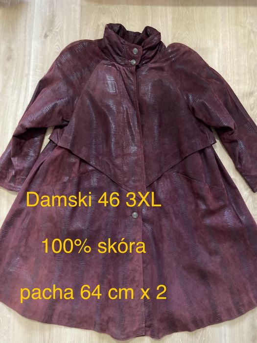 Bordowy rozkloszowany 46 3XL długi płaszcz damski skóra