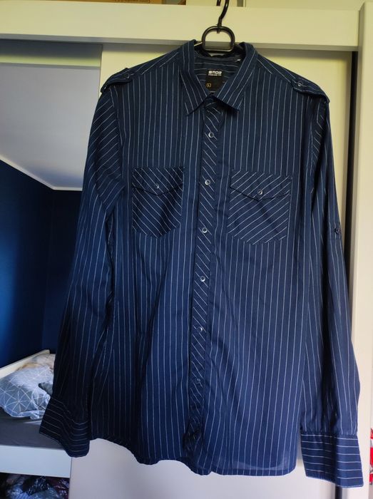 Granatowa męska koszula slim fit Smog w białe paski New Yorker L