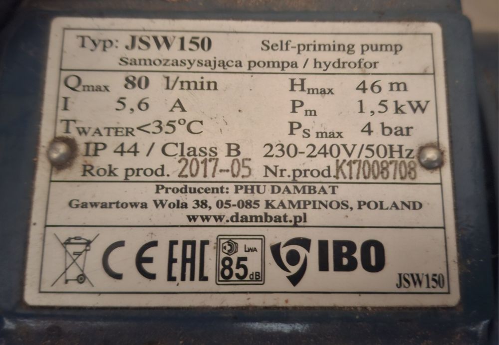 Pompa hydroforowa JSW 150 z wyłącznikiem ciśnieniowym