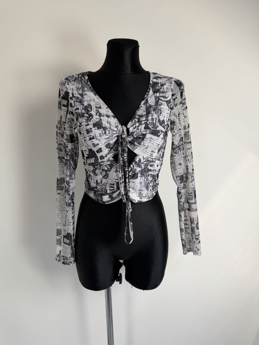 Primark top damski crop wiązany marszczony print vintage szary rozmiar M L