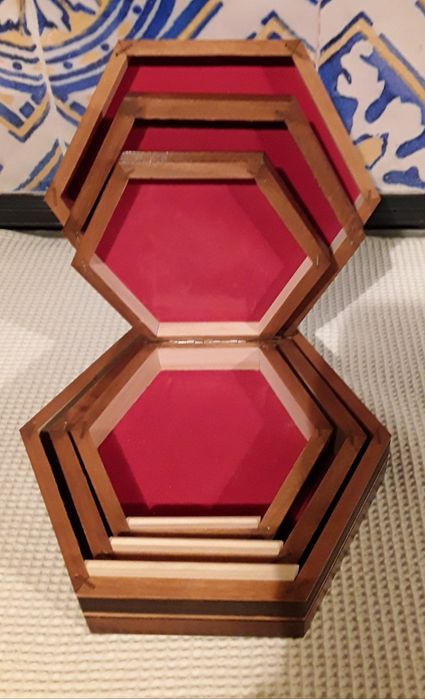 Conjunto 3 caixas de madeira vintage hexagonal em marchetaria