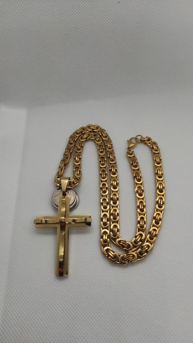 Nowy złoty łańcuszek z krzyżem Pancerka 5mm Stal chirurgiczna 316L