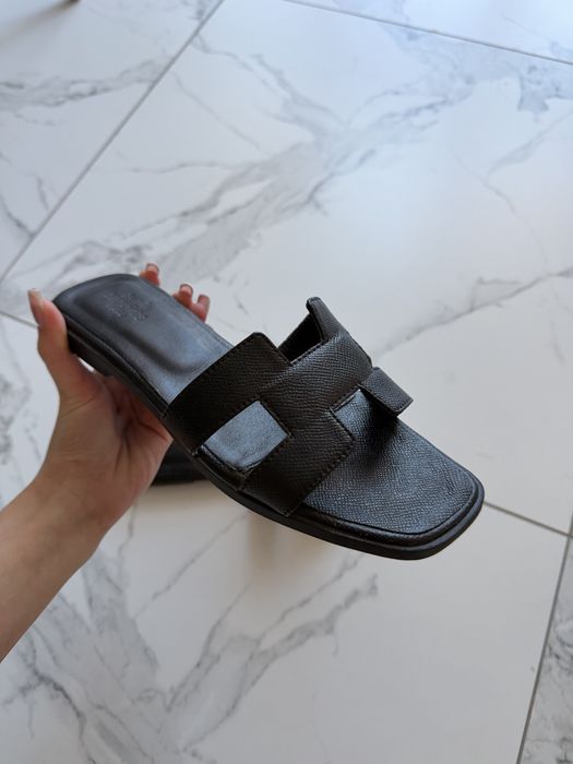 Шльопки тапки єрмес hermes чорні натуральна шкіра