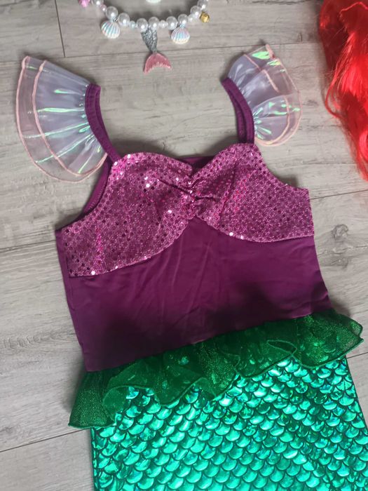 Nowy strój! Syrenka Ariel + PERUKA + biżuteria! r. 122/128