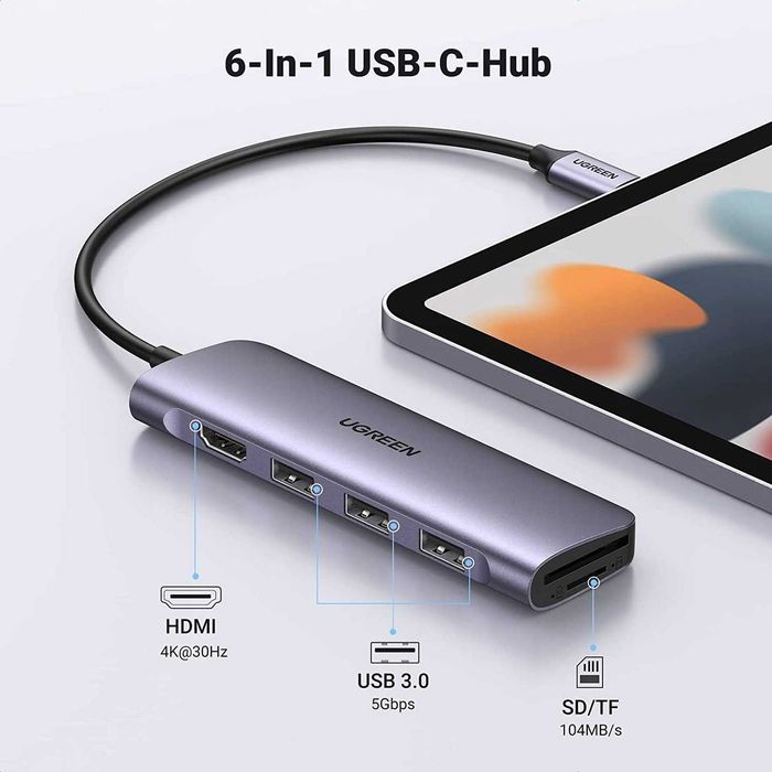 HUB ADAPTER USB-C HDMI 4K PD 3xUSB 3,0 czytnik kart SD/TF [2148]
