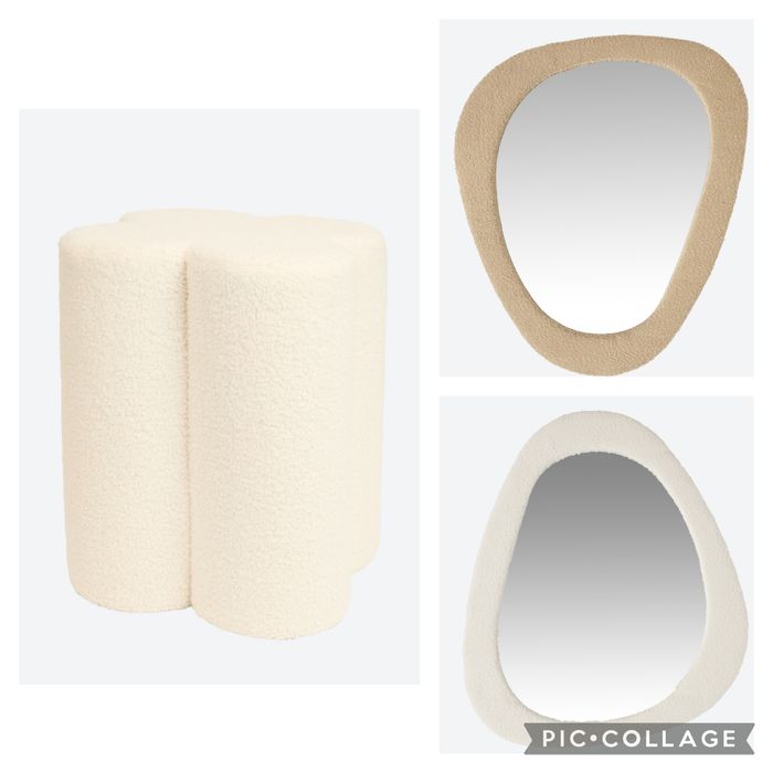 Espelhos conjugados com.puffs/ bancos em bouclé