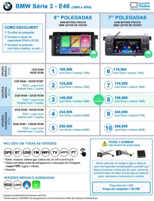MARÇO!!! Rádio BMW Série 3 - E46 ANDROID 15 GPS 2DIN Wifi, BT