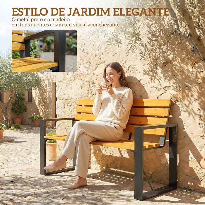 Banco de Jardim Exterior de 2 Lugares com Encosto e Assento Ripado em Madeira