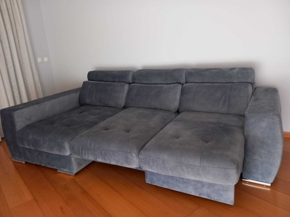 Sofá-Cama de 3 Lugares com Chaise Longue – Azul – Como Novo