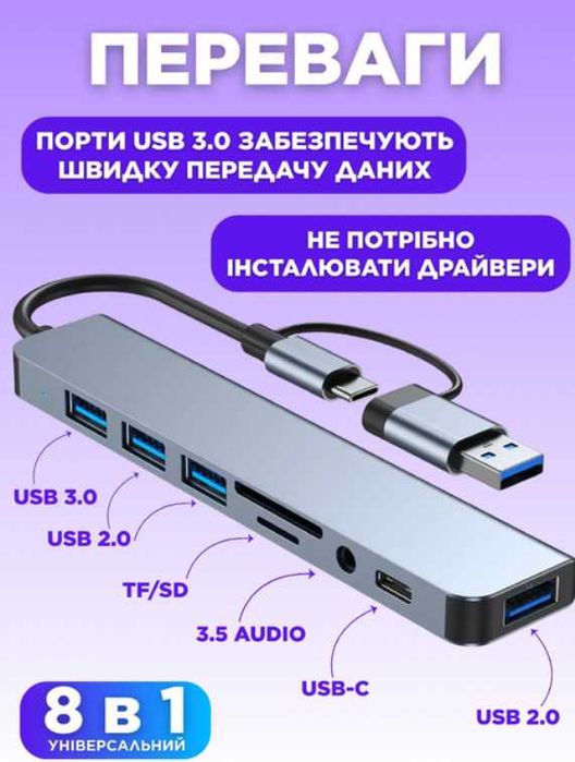 USB HUB адаптер 8 в 1 концентратор розгалужувач 4 USB/Type-C/SD/TF/AUX
