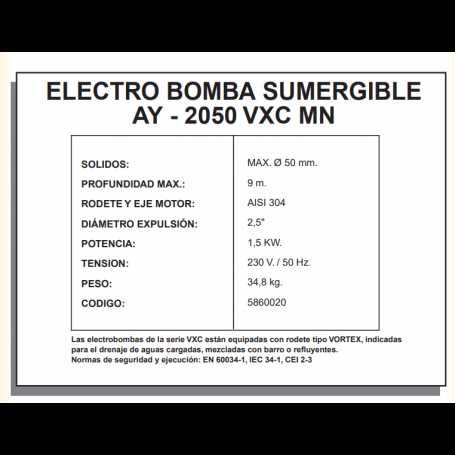 Bomba Eletrica Submersivel AYERBE 2050 VXC MN