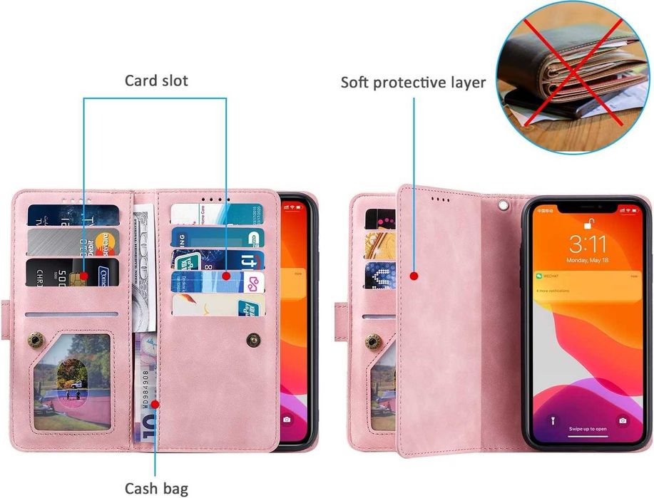 UEEBAI Etui portfelowe na iPhone'a 11 6.1, retro 9 przegródek na karty