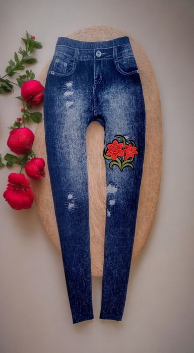 Spodnie Jegginsy A'la Jeansy Wysoki Stan Haft Kwiaty Przetarcia Boho