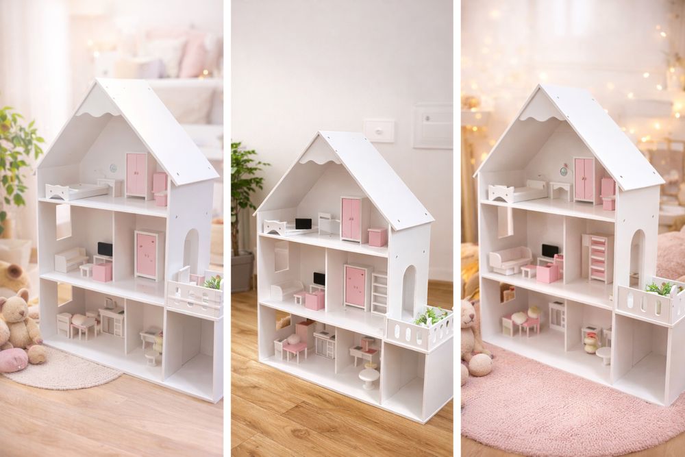 Drewniany domek dla lalek + komplet drewnianych mebelków