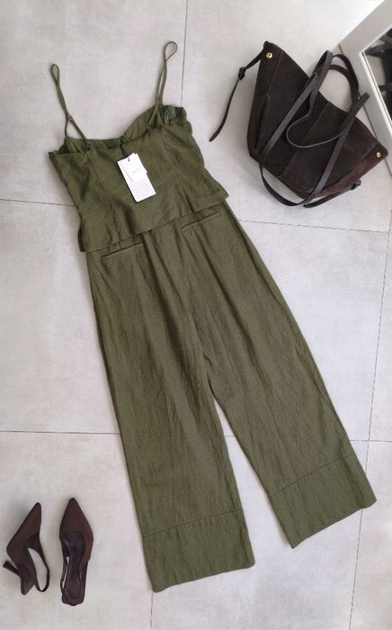 Zara kombinezon s 36 khaki len wiskoza