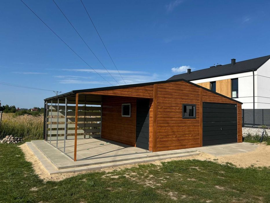 Garaż jednostanowiskowy 8.5×5m z Wiatą dwuspadowy, Brama uchylna