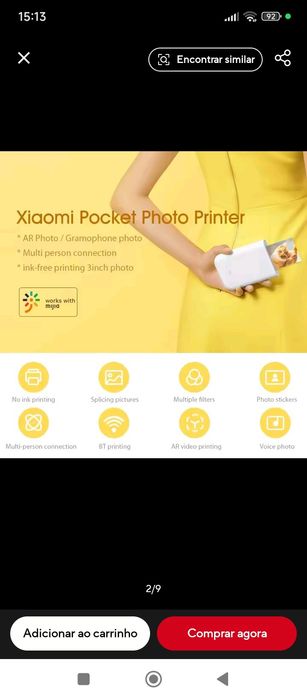 Impressora Fotográfica  portátil Xiaomi Mi + 20 Papéis Zink