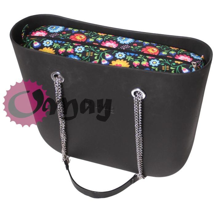 Czarny organizer do OBAG STANDARD folk kwiaty 2 kieszenie wkład OMAY