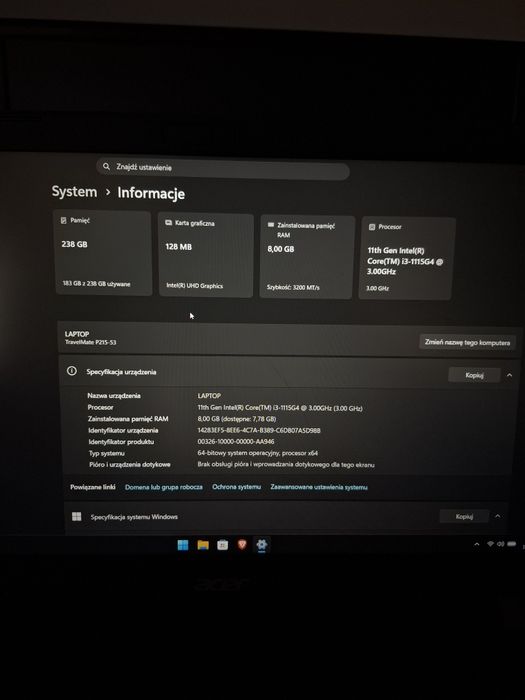 Laptop Acer TravelMate p215-53 + oryginalny zasilacz