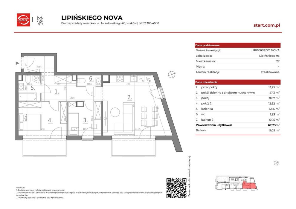 3-pokojowe mieszkanie 67m2 + balkon