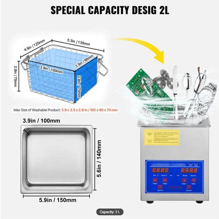 Máquina de Limpeza Ultrasonic Cleaner VEVOR 2L - 40kHz - 60W + Aquecimento 100W - Novo - Envio Gratuito