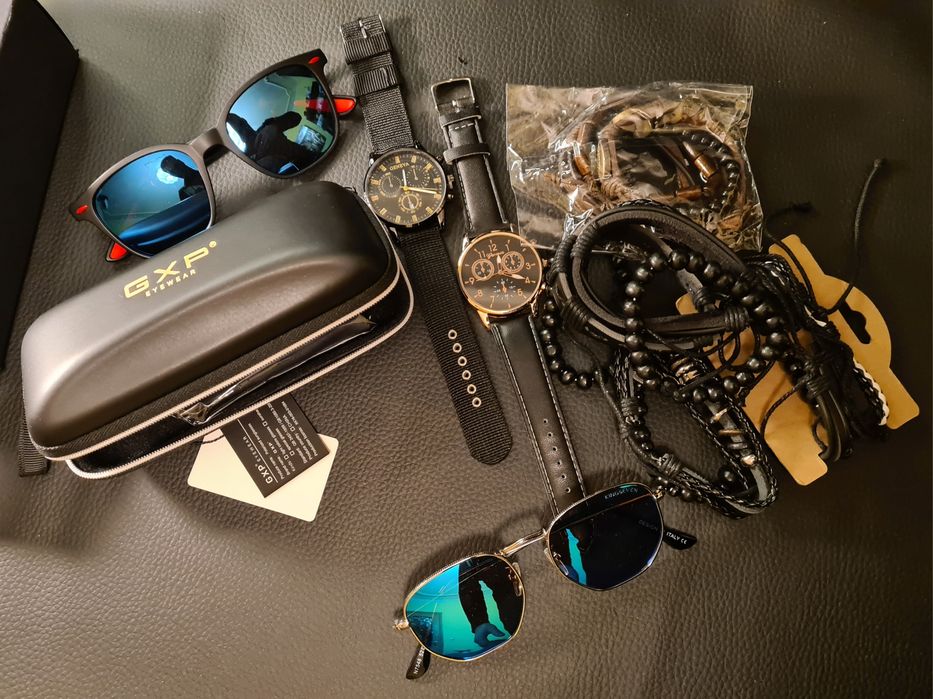 Zestaw męski – zegarki, okulary przeciwsłoneczne + branso