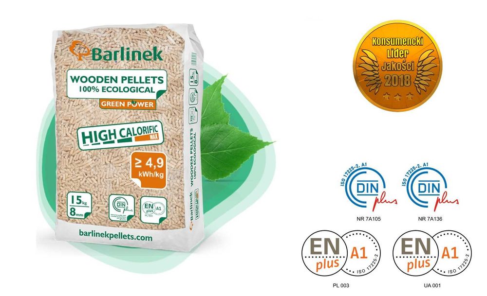 Pellet Barlinek 6mm 15kg certyfikat EN PLUS DIN PLUS Transport Kraków