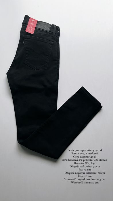Levi’s 710 super skinny czarne nowe jeansy W27 L32