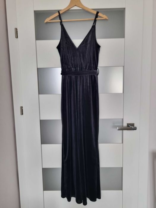 Kombinezon welurowy długi czarny na ramiączkach H&M