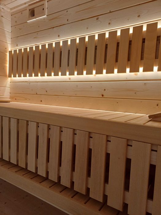 Sauna 230 x 230 cm duża witryna piec harvia wall kamienie