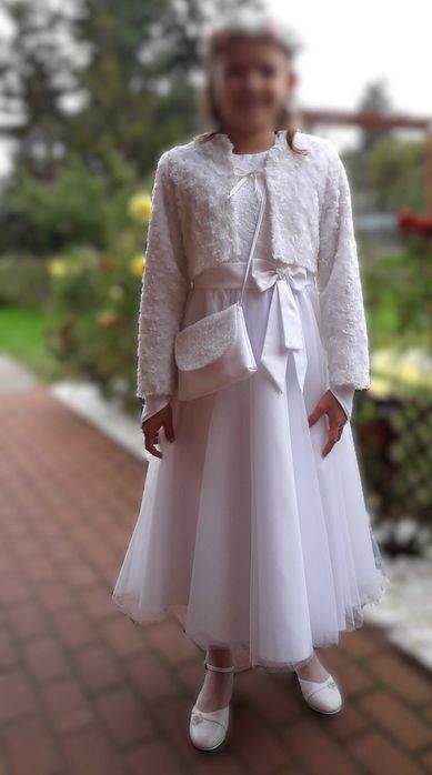 Sukienka komunijna biała z akcesoriami, rozm. 135-145