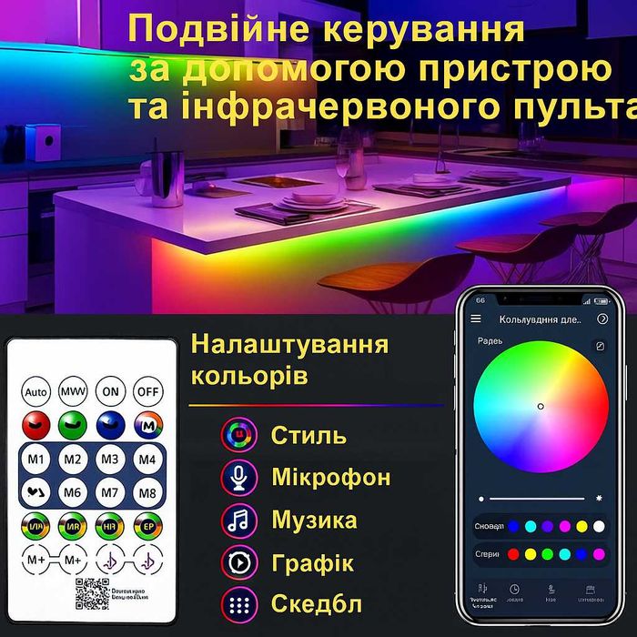 Розумна гнучка LED RGB неонова стрічка 10 м з USB, пультом і Bluetooth