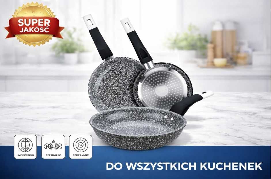 Patelnie granitowe 3 sztuk 20 24 28  cm marmurowa powłoka do indukcja